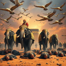 An awe-inspiring scene illustrating the approach of Abraha's army toward the Kaaba, with the majestic structure visible in the distance in Mecca