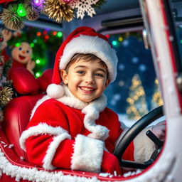 A cheerful young boy dressed as Santa Claus, complete with a traditional red and white Santa hat perched on his head