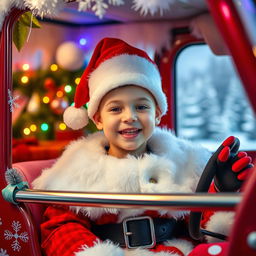 A cheerful young boy dressed as Santa Claus, complete with a traditional red and white Santa hat perched on his head