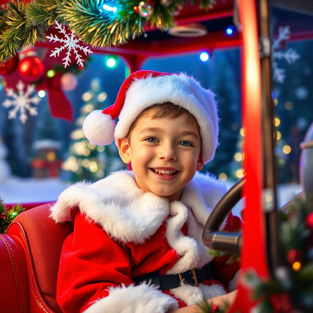 A cheerful young boy dressed as Santa Claus, complete with a traditional red and white Santa hat perched on his head