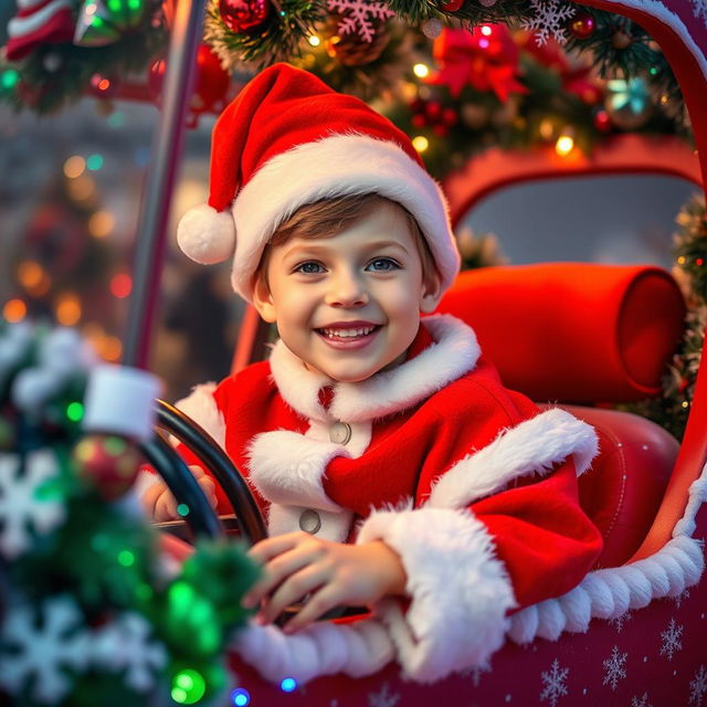 A cheerful young boy dressed as Santa Claus, complete with a traditional red and white Santa hat perched on his head