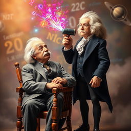 A surreal, imaginative scene featuring Albert Einstein sitting on a vintage wooden chair, with a thoughtful expression on his face as he gazes upwards
