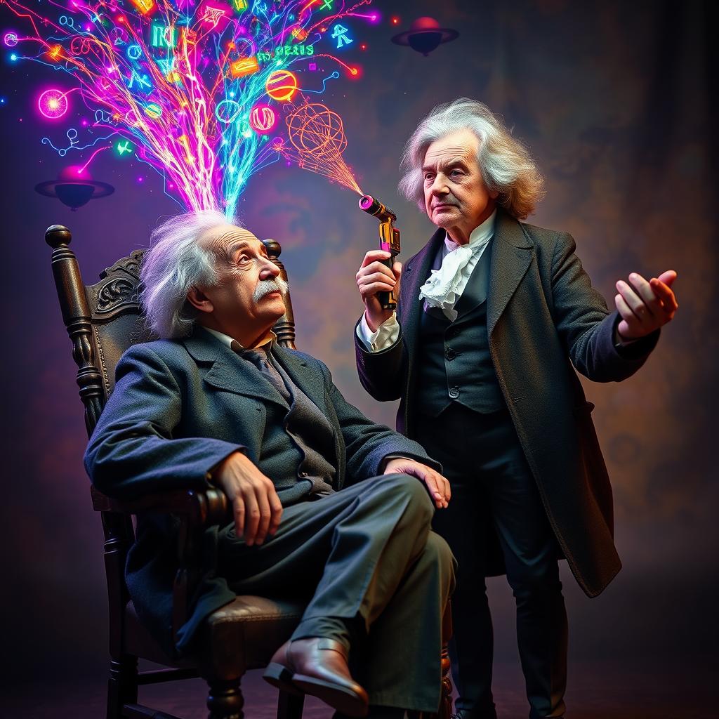 A surreal, imaginative scene featuring Albert Einstein sitting on a vintage wooden chair, with a thoughtful expression on his face as he gazes upwards