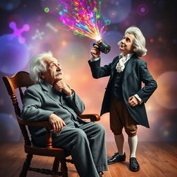 A surreal, imaginative scene featuring Albert Einstein sitting on a vintage wooden chair, with a thoughtful expression on his face as he gazes upwards