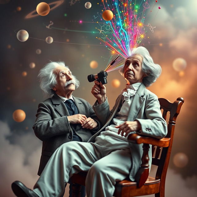 A surreal, imaginative scene featuring Albert Einstein sitting on a vintage wooden chair, with a thoughtful expression on his face as he gazes upwards