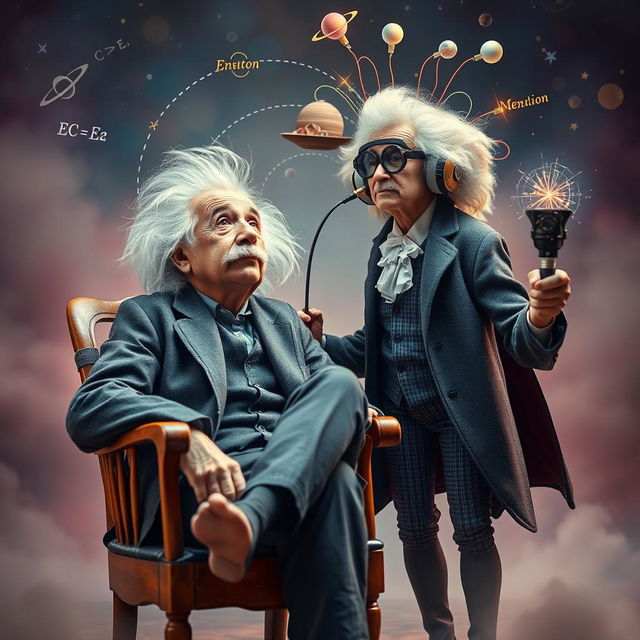 A surreal and imaginative scene featuring Albert Einstein sitting on a vintage wooden chair, his hair frizzed out and a contemplative expression on his face as he gazes upwards