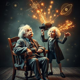 A surreal and imaginative scene featuring Albert Einstein sitting on a vintage wooden chair, his hair frizzed out and a contemplative expression on his face as he gazes upwards