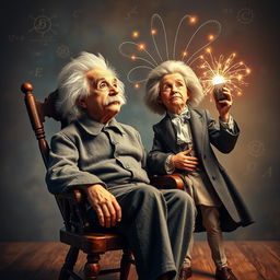 A surreal and imaginative scene featuring Albert Einstein sitting on a vintage wooden chair, his hair frizzed out and a contemplative expression on his face as he gazes upwards