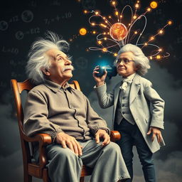 A surreal and imaginative scene featuring Albert Einstein sitting on a vintage wooden chair, his hair frizzed out and a contemplative expression on his face as he gazes upwards