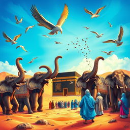 A colorful and vivid illustration of the story of Surah Al-Fil (The Elephant), depicting the scene of the army of elephants led by Abraha approaching the Kaaba in Mecca