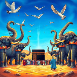 A colorful and vivid illustration of the story of Surah Al-Fil (The Elephant), depicting the scene of the army of elephants led by Abraha approaching the Kaaba in Mecca