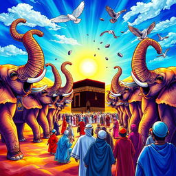A colorful and vivid illustration of the story of Surah Al-Fil (The Elephant), depicting the scene of the army of elephants led by Abraha approaching the Kaaba in Mecca