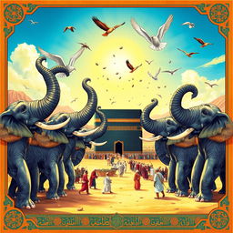 A colorful and vivid illustration of the story of Surah Al-Fil (The Elephant), depicting the scene of the army of elephants led by Abraha approaching the Kaaba in Mecca