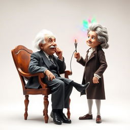 A surreal scene featuring Albert Einstein sitting on a classic wooden chair, wearing his iconic suit and looking amused as he gazes ahead