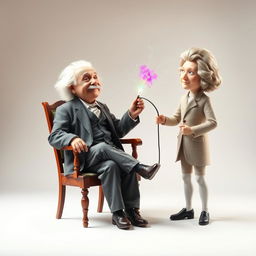 A surreal scene featuring Albert Einstein sitting on a classic wooden chair, wearing his iconic suit and looking amused as he gazes ahead