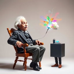 A surreal scene featuring Albert Einstein sitting on a classic wooden chair, wearing his iconic suit and looking amused as he gazes ahead