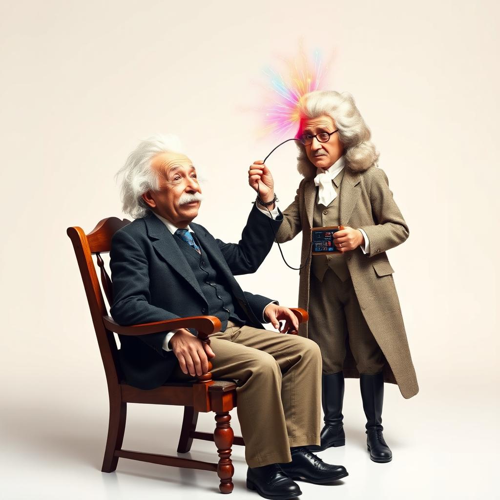 A surreal scene featuring Albert Einstein sitting on a classic wooden chair, wearing his iconic suit and looking amused as he gazes ahead