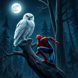 A beautiful snowy owl perched elegantly on a sturdy tree branch, its feathers glistening in the soft glow of the moonlight