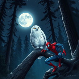 A beautiful snowy owl perched elegantly on a sturdy tree branch, its feathers glistening in the soft glow of the moonlight