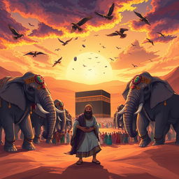 An artistic and engaging depiction of the story of Surah Al-Fil (The Elephant), showcasing the dramatic moment when Abraha's army of elephants approaches the Kaaba in Mecca