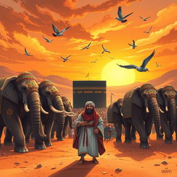 An artistic and engaging depiction of the story of Surah Al-Fil (The Elephant), showcasing the dramatic moment when Abraha's army of elephants approaches the Kaaba in Mecca