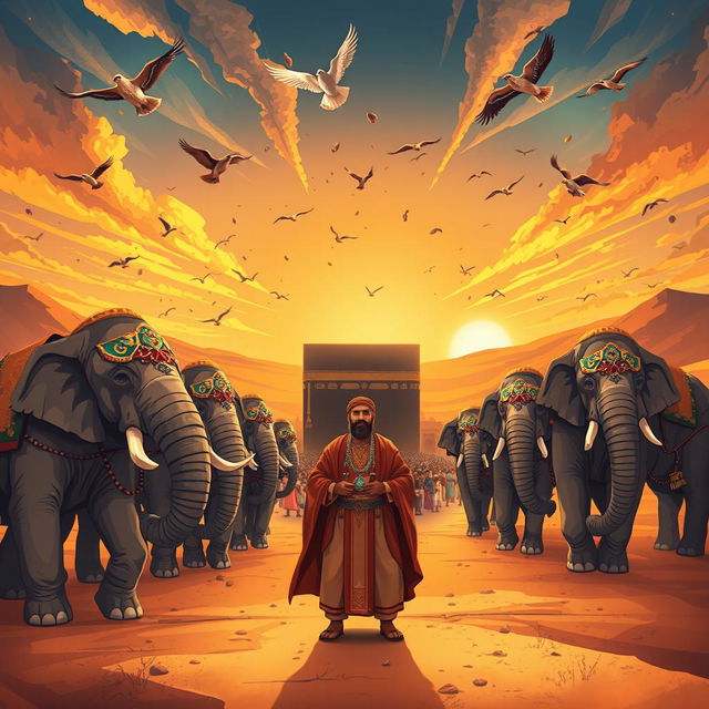 An artistic and engaging depiction of the story of Surah Al-Fil (The Elephant), showcasing the dramatic moment when Abraha's army of elephants approaches the Kaaba in Mecca