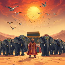 An artistic and engaging depiction of the story of Surah Al-Fil (The Elephant), showcasing the dramatic moment when Abraha's army of elephants approaches the Kaaba in Mecca