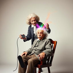 A surreal, imaginative scene depicting Albert Einstein sitting on a classic wooden chair, his hair wild and an intrigued expression on his face as he receives a playful electric shock