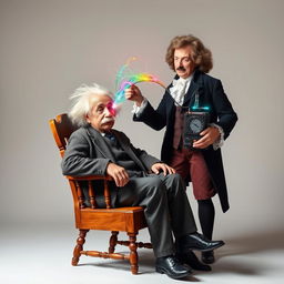 A surreal, imaginative scene depicting Albert Einstein sitting on a classic wooden chair, his hair wild and an intrigued expression on his face as he receives a playful electric shock