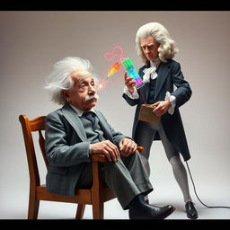 A surreal, imaginative scene depicting Albert Einstein sitting on a classic wooden chair, his hair wild and an intrigued expression on his face as he receives a playful electric shock