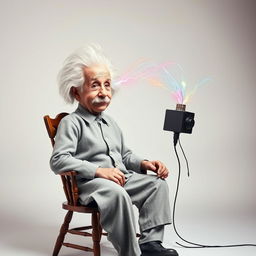 A surreal, imaginative scene depicting Albert Einstein sitting on a classic wooden chair, his hair wild and an intrigued expression on his face as he receives a playful electric shock