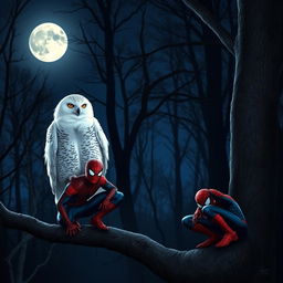 A snowy owl perched majestically on a tree branch in a moonlit forest, with its details highlighted by the soft glow of the moon