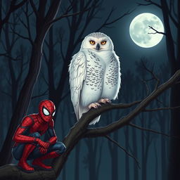 A snowy owl perched majestically on a tree branch in a moonlit forest, with its details highlighted by the soft glow of the moon