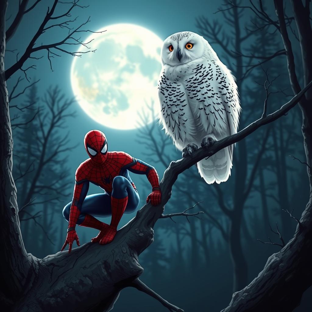 A snowy owl perched majestically on a tree branch in a moonlit forest, with its details highlighted by the soft glow of the moon