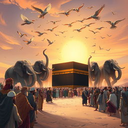 A captivating illustration representing the theme of Surah Al-Fil (The Elephant), focusing on the miraculous protection of the Kaaba against Abraha's elephant army