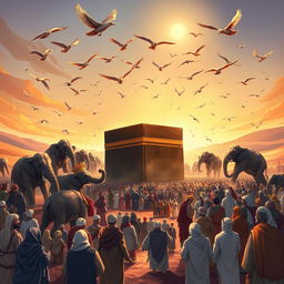 A captivating illustration representing the theme of Surah Al-Fil (The Elephant), focusing on the miraculous protection of the Kaaba against Abraha's elephant army