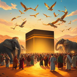 A captivating illustration representing the theme of Surah Al-Fil (The Elephant), focusing on the miraculous protection of the Kaaba against Abraha's elephant army