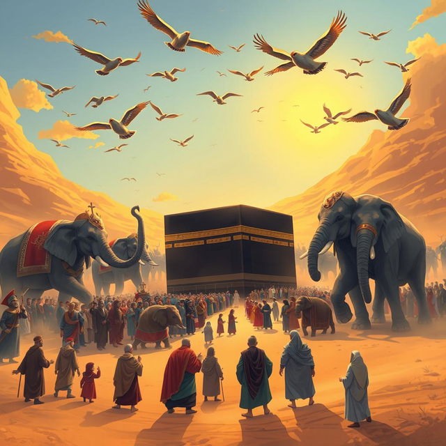 A captivating illustration representing the theme of Surah Al-Fil (The Elephant), focusing on the miraculous protection of the Kaaba against Abraha's elephant army