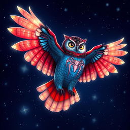 A stunning hybrid owl with Spider-Man's iconic red-and-blue patterns intricately blended into its feathers, soaring gracefully through a starry night sky