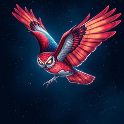 A stunning hybrid owl with Spider-Man's iconic red-and-blue patterns intricately blended into its feathers, soaring gracefully through a starry night sky