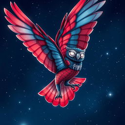 A stunning hybrid owl with Spider-Man's iconic red-and-blue patterns intricately blended into its feathers, soaring gracefully through a starry night sky