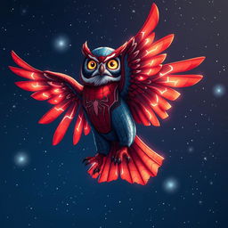 A stunning hybrid owl with Spider-Man's iconic red-and-blue patterns intricately blended into its feathers, soaring gracefully through a starry night sky