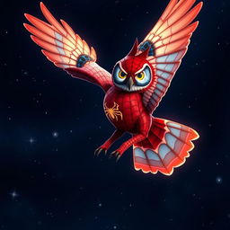A captivating hybrid owl featuring Spider-Man's iconic full matte red-and-blue color patterns beautifully integrated into its plumage