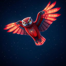 A captivating hybrid owl featuring Spider-Man's iconic full matte red-and-blue color patterns beautifully integrated into its plumage