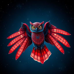 A captivating hybrid owl featuring Spider-Man's iconic full matte red-and-blue color patterns beautifully integrated into its plumage