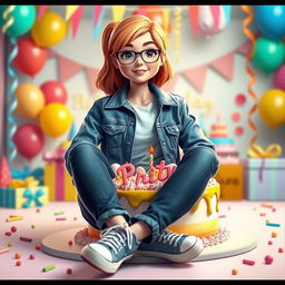 A 3D illustration of a girl sitting casually in front of a birthday cake