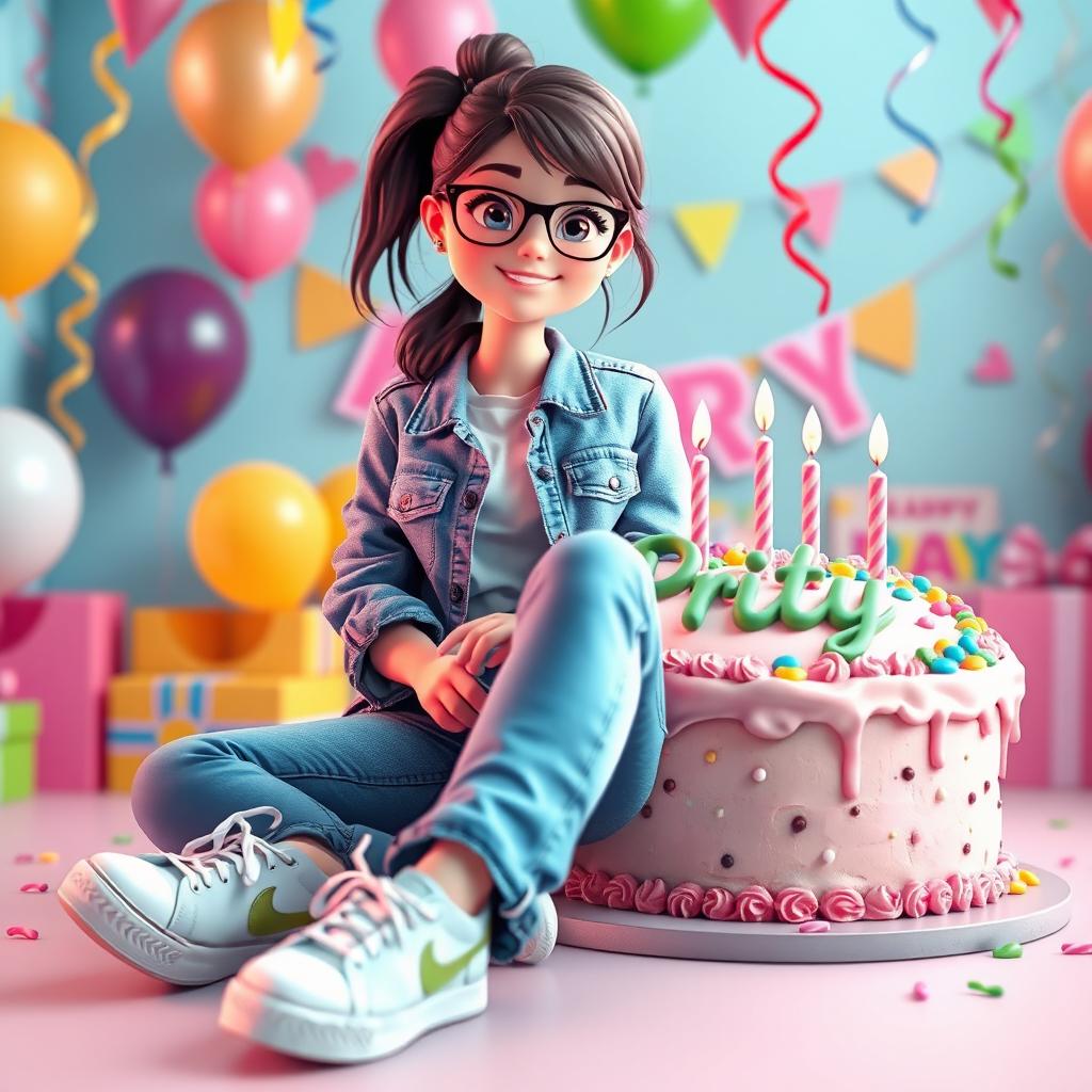 A 3D illustration of a girl sitting casually in front of a birthday cake