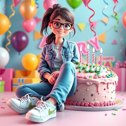 A 3D illustration of a girl sitting casually in front of a birthday cake