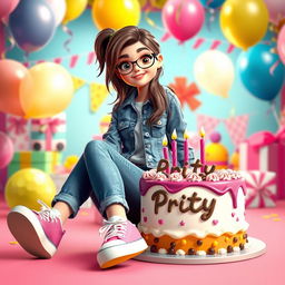 A 3D illustration of a girl sitting casually in front of a birthday cake