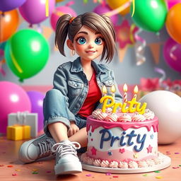 A 3D illustration of a girl sitting casually in front of a birthday cake